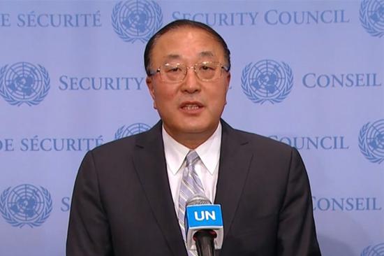 Zhang Jun, China's permanent representative to the UN, speaks after a Security Council open debate on the Israeli-Palestinian conflict, May 16, 2021.