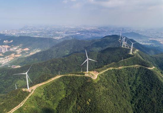 An aerial photo of the Bianshan wind farm in Changxing county, East China's Zhejiang province. (Photo/Xinhua)