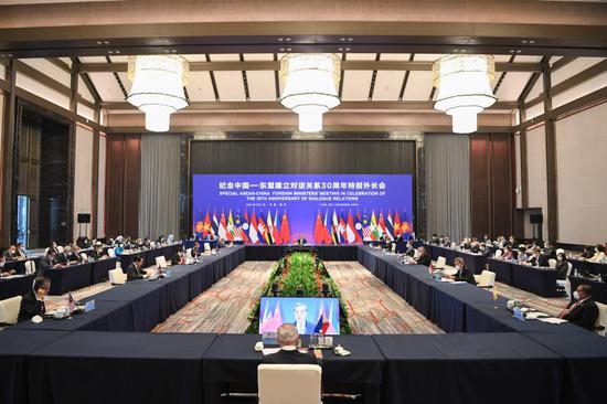 The Special ASEAN-China Foreign Ministers' Meeting in Celebration of the 30th Anniversary of Dialogue Relations is held in Chongqing, southwest China, June 7, 2021. The foreign ministers of China and the Association of Southeast Asian Nations (ASEAN) gathered on Monday for the meeting, which was co-chaired by Chinese State Councilor and Foreign Minister Wang Yi and Teodoro Locsin, foreign secretary of the Philippines that serves as the current country coordinator for ASEAN-China relations. Also in attendance was the ASEAN Secretary-General. (Xinhua/Wang Quanchao)