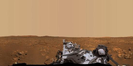 This 360-degree panorama photo taken by NASA's Perseverance rover shows ''Van Zyl Overlook,'' where the Ingenuity helicopter performs its first flights on Mars. It is made up of 992 individual images stitched together, which are taken between April 15 and April 26, 2021. (Photo credit: NASA)