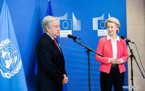 United Nations (UN) Secretary-General Antonio Guterres (L) delivers a speech to the press as he visits the European Commission in Brussels, Belgium, June 23, 2021. Antonio Guterres asked the European Union (EU) to fight for values of 