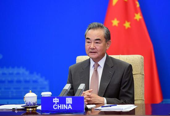 Chinese State Councilor and Foreign Minister Wang Yi speaks at the G20 Foreign Affairs Ministers' Meeting via video link in Beijing, June 29, 2021. (Photo/fmprc.gov.cn)