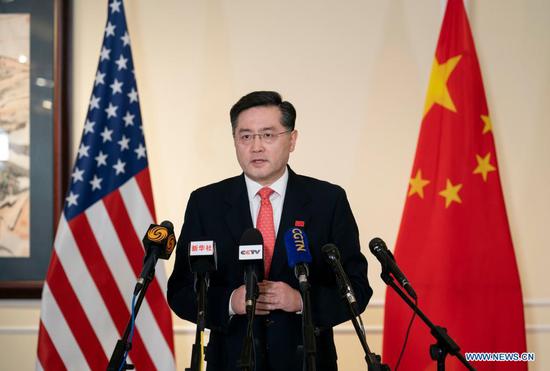 China's new Ambassador to the United States Qin Gang makes remarks to Chinese and US media upon arrival in the United States on July 28, 2021. (Photo/Xinhua)