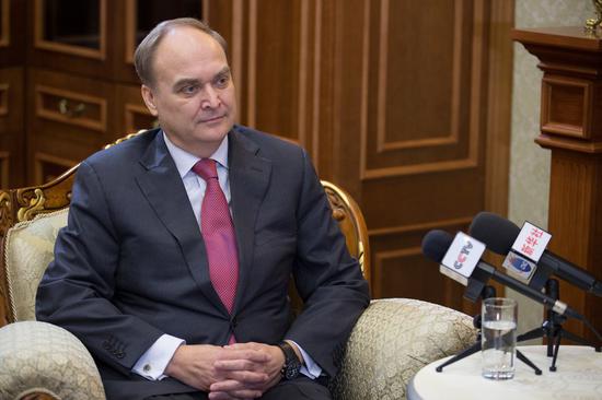 Then Russian Deputy Defense Minister Anatoly Antonov speaks during an interview with China's Xinhua News Agency in Moscow, Russia, April 17, 2016. (Xinhua/Bai Xueqi)