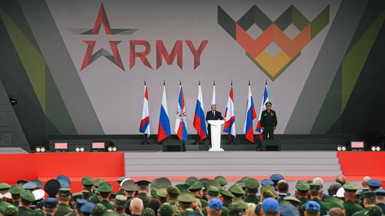 Russian President Vladimir Putin speaks at the opening ceremony of the International Army Games 2021 in a Moscow suburb, Russia, on Aug. 23, 2021. (Xinhua/Evgeny Sinitsyn)