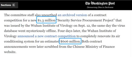 Screenshot of Washington Post shows the budgets of the Wuhan Institute of Virology were exaggerated. 