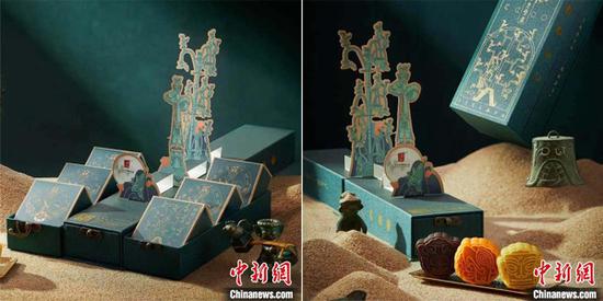 This combo photo shows Sanxingdui Museum Mooncake gift boxes. (Photo provided by Sanxingdui Museum)