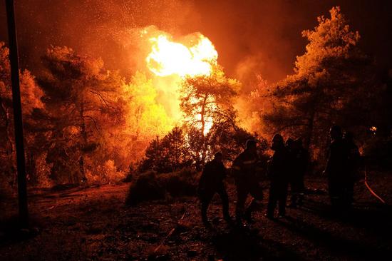 Fire fighters battle a blaze raging near Makrymalli village on Evia island, Greece, on Aug. 13, 2019. (Photo by Nick Paleologos/Xinhua)