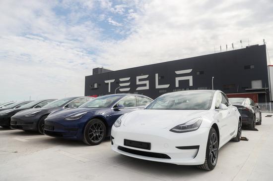 Photo taken on Oct 26, 2020 shows the Tesla China-made Model 3 vehicles at its gigafactory in Shanghai. (Photo/Xinhua)