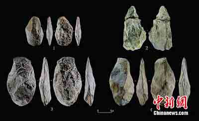 Acheulean hand axes unearthed in Piluo Site. (Photo provided by the National Cultural Heritage Administration)