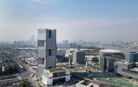 Aerial photo taken on Dec. 17, 2020 shows the headquarters building of BRICS New Development Bank (NDB) in east China's Shanghai. (Xinhua/Fang Zhe)