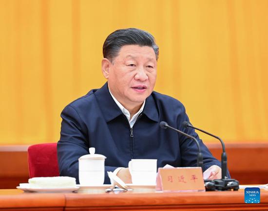 Chinese President Xi Jinping, also general secretary of the Communist Party of China Central Committee and chairman of the Central Military Commission, addresses a central conference on work related to people's congresses, held from Oct. 13 to Oct. 14 in Beijing, capital of China. (Xinhua/Li Xueren)