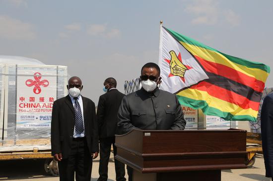 Zimbabwean Vice President Constantino Chiwenga speaks during a handover ceremony of China-donated vaccines at Robert Gabriel Mugabe International Airport in Harare, Zimbabwe, on Sept. 26, 2021. (Photo: Xinhua/Chen Yaqin)