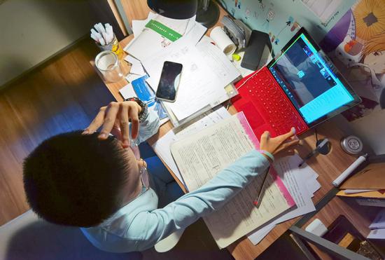 A child takes classes online at home in Shenyang, Liaoning province, on Jan 12, 2021. (Photo: China Daily/Zou Dexin)