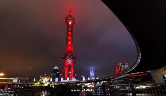 Photo taken on March 12, 2020 shows the night view of Shanghai Oriental Pearl Tower in east China's Shanghai. (Xinhua/Fang Zhe)