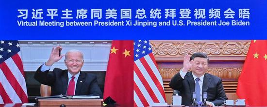 Chinese President Xi Jinping meets with U.S. President Joe Biden via video link, in Beijing, capital of China, Nov. 16, 2021. (Photo: Xinhua/Yue Yuewei)