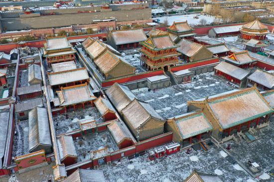 Aerial view of Shenyang Palace museum in snow