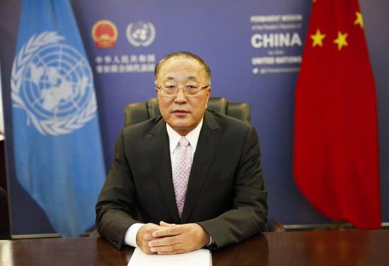Zhang Jun, China's permanent representative to the UN, speaks via video link at the Third Committee of the 76th session of the United Nations (UN) General Assembly, in New York, Oct. 21, 2021. (China Mission to the UN/Handout via Xinhua)
