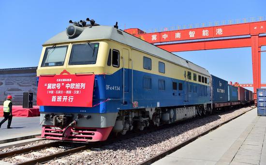 A freight train bound for Hamburg, Germany is ready to depart at the Shijiazhuang international land port in north China's Hebei Province, on April 17, 2021. (Photo by Zhang Xiaofeng/Xinhua)