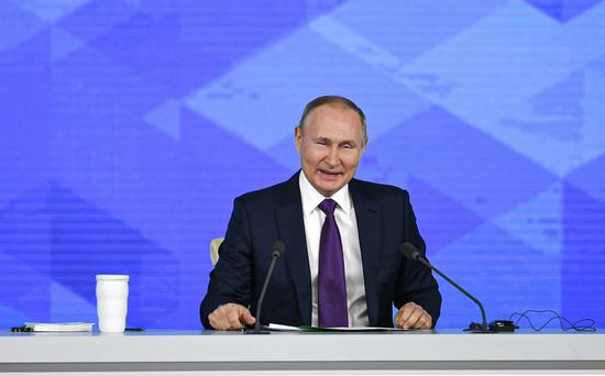 Russian President Vladimir Putin attends his annual press conference in Moscow, Russia, Dec. 23, 2021. (Xinhua/Evgeny Sinitsyn)