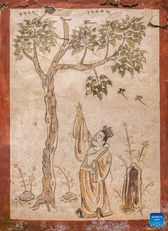 Undated file photo provided by Taiyuan Institute of Cultural Relics Protection shows a part of restored murals of an ancient tomb dating back to the Tang Dynasty (618-907) in Taiyuan, north China's Shanxi Province. The tomb was discovered in an elementary school in Taiyuan, capital of Shanxi, in 2019 and later moved to the museum for protection and restoration.Defects in the murals such as fissures, hollows and blemishes have been fixed, and the tomb will open to the public in the future, said the Taiyuan Northern Qi Dynasty Mural Museum.Interestingly, various figures in the mural paintings appear to be making "V" signs with their middle and index fingers. (Taiyuan Institute of Cultural Relics Protection/Handout via Xinhua)