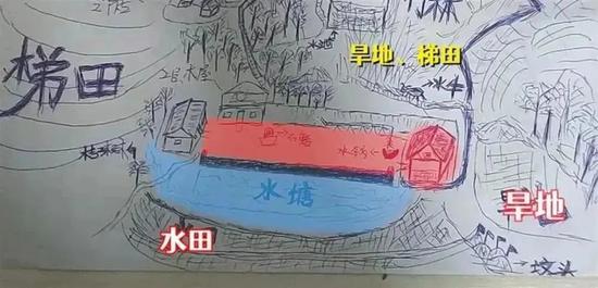 A map Li Jingwei drew based on his memory portrays the landscape of his hometown in Zhaotong, Yunnan province. (Photo from the internet) 