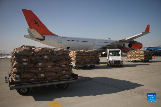 A shipment of pine nuts is seen to be loaded into a plane at Kabul International Airport in Kabul, Afghanistan, on Jan. 10, 2022. A cargo flight carrying a fresh shipment of pine nuts left Kabul for China on Monday, authorities said. (Photo by Saifurahman Safi/Xinhua)