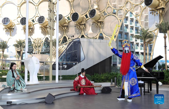 Artists perform during the opening ceremony of the National Day of China Pavilion at the Expo 2020 Dubai site in Dubai, the United Arab Emirates, on Jan. 10, 2022. (Xinhua/Wang Dongzhen)