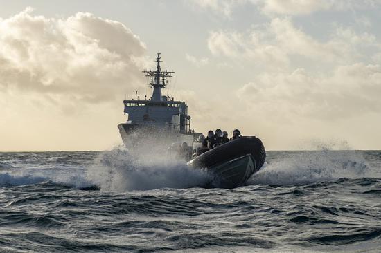 Hydrographers on New Zealand navy vessel HMNZS Wellington check shipping channels and wharf approaches near Nuku'alofa, capital of Tonga, Jan. 20, 2022. (New Zealand Ministry of Defense/Handout via Xinhua)