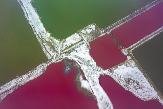 Enchanting aerial view of colorful Salt Lake after snow