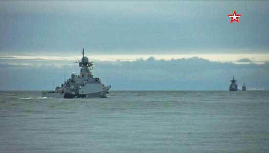 Screengrab of footage released by the Russian Defense Ministry's Zvezda broadcasting service on Jan. 24, 2022 shows Russian warships sailing towards areas of drills in the Baltic Sea.  