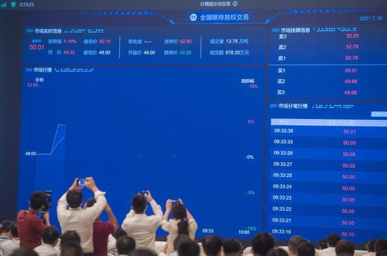 Photo taken on July 16, 2021 shows a screen displaying real-time information of national carbon emission trading in Wuhan, central China's Hubei Province. (Xinhua/Xiao Yijiu)