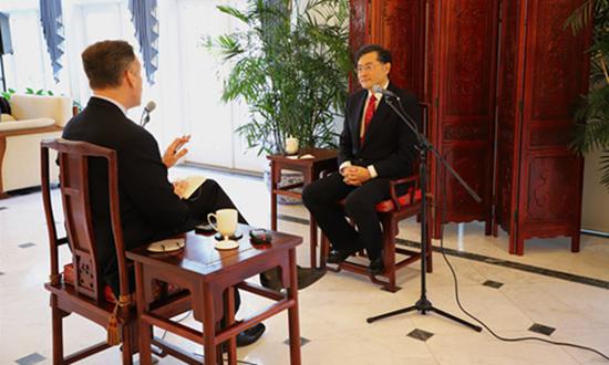 Chinese ambassador to the U.S. Qin Gang takes an interview with NPR Morning Edition's Steve Inskeep, Jan. 27, 2022. (Photo/Chinese embassy in U.S.)

