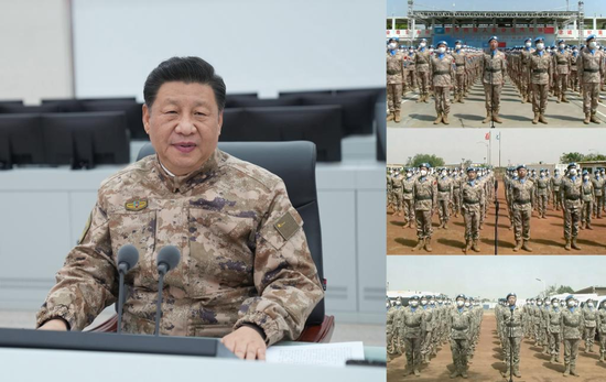 Combo photo shows Chinese President Xi Jinping, also general secretary of the Communist Party of China Central Committee and chairman of the Central Military Commission, talking with Chinese peacekeepers posted overseas via video link during an inspection to the Central Theater Command of the People's Liberation Army (PLA) on Jan. 28, 2022.  (Xinhua/Li Gang)

