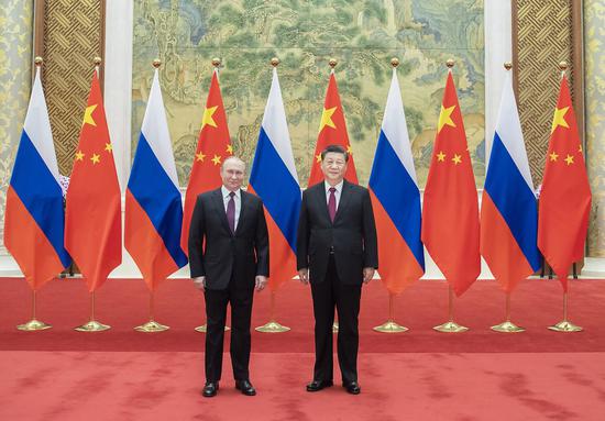 Chinese President Xi Jinping holds talks with Russian President Vladimir Putin at the Diaoyutai State Guesthouse in Beijing, capital of China, Feb. 4, 2022. (Xinhua/Li Tao)
