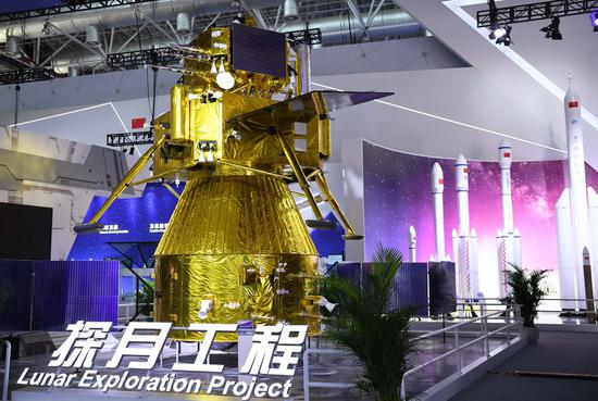 Photo taken on Sept. 27, 2021 shows an exhibition area displaying China's lunar exploration project during the 13th China International Aviation and Aerospace Exhibition, or Airshow China 2021, in Zhuhai, south China's Guangdong Province. (Xinhua/Deng Hua)