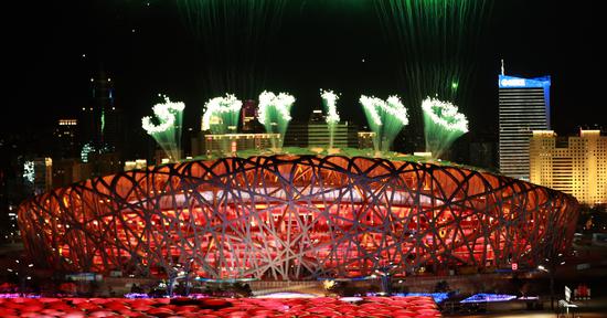 Fireworks illuminate the night sky during the opening ceremony of the Beijing 2022 Olympic Winter Games at the National Stadium in Beijing, Feb. 4, 2022. (Photo/Xinhua)