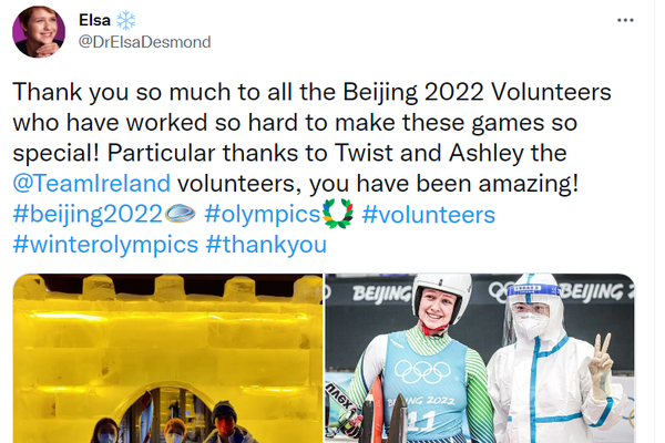 Irish luger Elsa Desmond thanked the work of all volunteers on Twitter on Feb. 10. (Photo from a screenshot on Twitter)