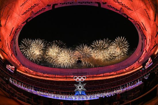 Fireworks illuminate the night sky during the closing ceremony of the Beijing 2022 Olympic Winter Games at the National Stadium in Beijing, Feb. 20, 2022. (Photo/Xinhua)