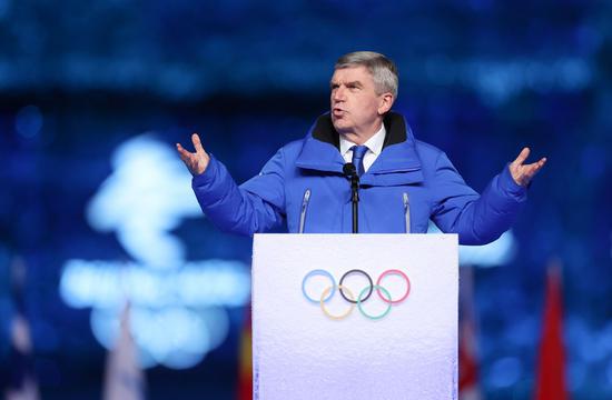 International Olympic Committee president Thomas Bach addresses the closing ceremony of the Beijing 2022 Olympic Winter Games at the National Stadium in Beijing on Feb. 20, 2022. (Photo/Xinhua)