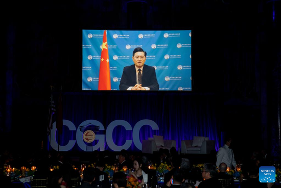 Chinese Ambassador to the United States Qin Gang delivers a video speech during the annual New Year gala of the China General Chamber of Commerce-USA (CGCC-USA) in New York, the United States, Feb. 22. 2022. (Xinhua/Wang Ying)