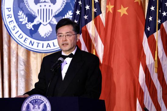 Chinese Ambassador to the United States Qin Gang addresses an event to commemorate the 50th anniversary of former U.S. President Richard Nixon's visit to China, in Yorba Linda, the United States, Feb. 24, 2022. (Xinhua)