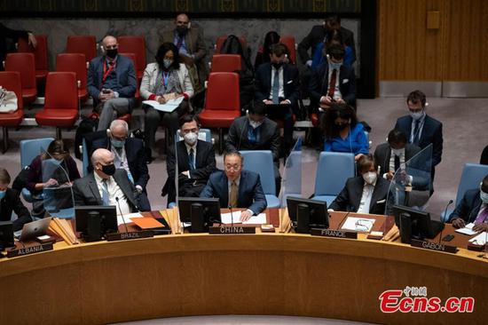 Zhang Jun, China's permanent representative to the United Nations, speaks at a UN Security Council emergency meeting at the UN headquarters in New York, on March 4, 2022. (Photo: China News Service/Liao Pan)