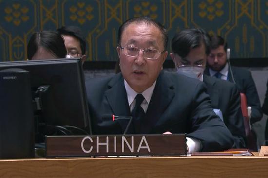 Zhang Jun, China's permanent representative to the United Nations, speaks at a Security Council meeting at the UN headquarters in New York, March 22, 2022. (Photo/UN WebTV)