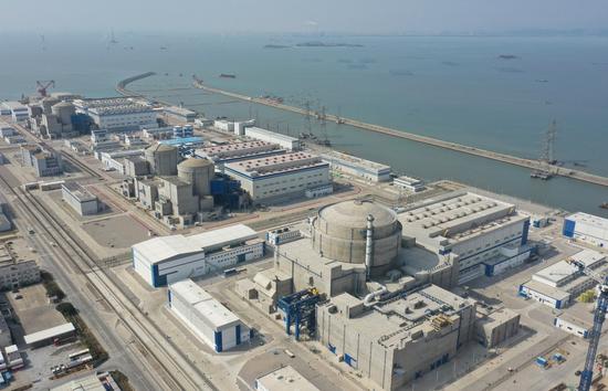 Aerial photo taken on Jan. 27, 2021 shows the exterior view of nuclear power units of the China National Nuclear Corporation (CNNC) in Fuqing, southeast China's Fujian Province. China's first nuclear power unit using Hualong One, a domestically-designed third-generation nuclear reactor, has entered commercial operation, said the CNNC on Jan. 30, 2021. (Xinhua/Lin Shanchuan)