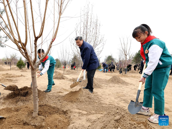 Chinese President Xi Jinping, also general secretary of the Communist Party of China Central Committee and chairman of the Central Military Commission, plants a tree during a tree-planting activity in Daxing District of Beijing, capital of China, March 30, 2022. The activity was also attended by other leaders including Li Keqiang, Li Zhanshu, Wang Yang, Wang Huning, Zhao Leji, Han Zheng and Wang Qishan. (Xinhua/Huang Jingwen)