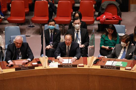 Zhang Jun (C, front), China's permanent representative to the United Nations, makes his Zhang Jun (C, front), China's permanent representative to the United Nations, makes his explanatory remarks after the vote on the humanitarian situation in Ukraine, at the UN headquarters in New York, on March 23, 2022. (Xinhua/Xie E)