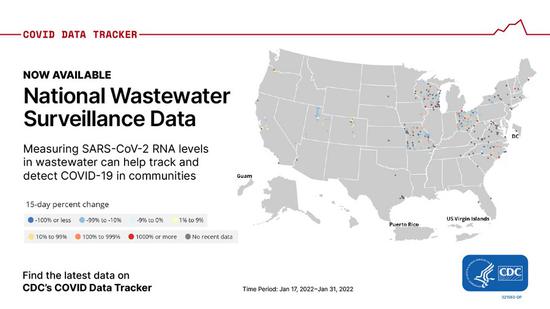 Image from the U.S. Centers for Disease Control and Prevention shows the dashboard tracking surveillance data of COVID-19 in wastewater samples in the United States. (Credit: U.S. CDC)