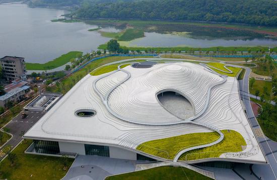 Aerial view of 'silver terrace'-shaped art museum in Wuhan