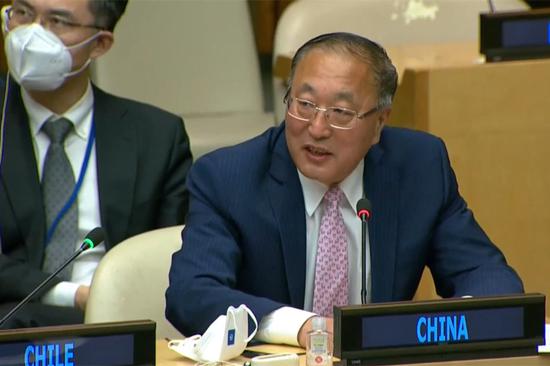 China's permanent representative to the United Nations (UN) Zhang Jun speaks at the High-level Roundtable on Small States, Multilateralism and International Law at the UN headquarters in New York, United States, April 28, 2022. (Photo via UN Web TV)